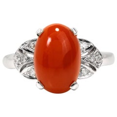 20th Century Red Coral Cabochon Diamond Gold Ring