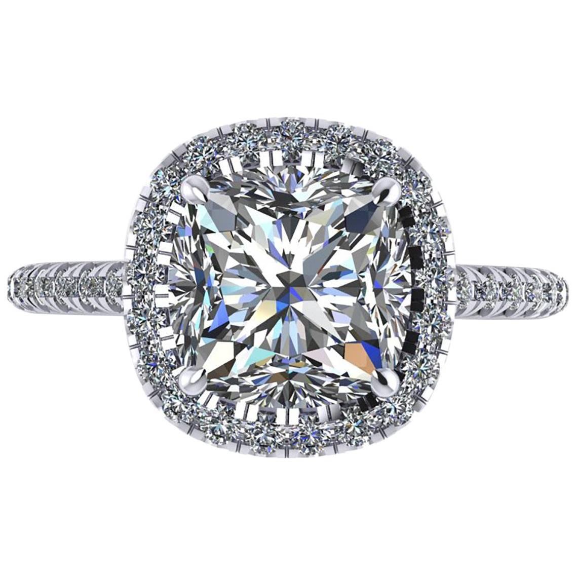 GIA-zertifizierter Verlobungsring mit 2,01 Karat Diamant im Kissenschliff, Farbe H, Pavé