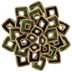 1970s Blue Green Enamel Gold Brooch