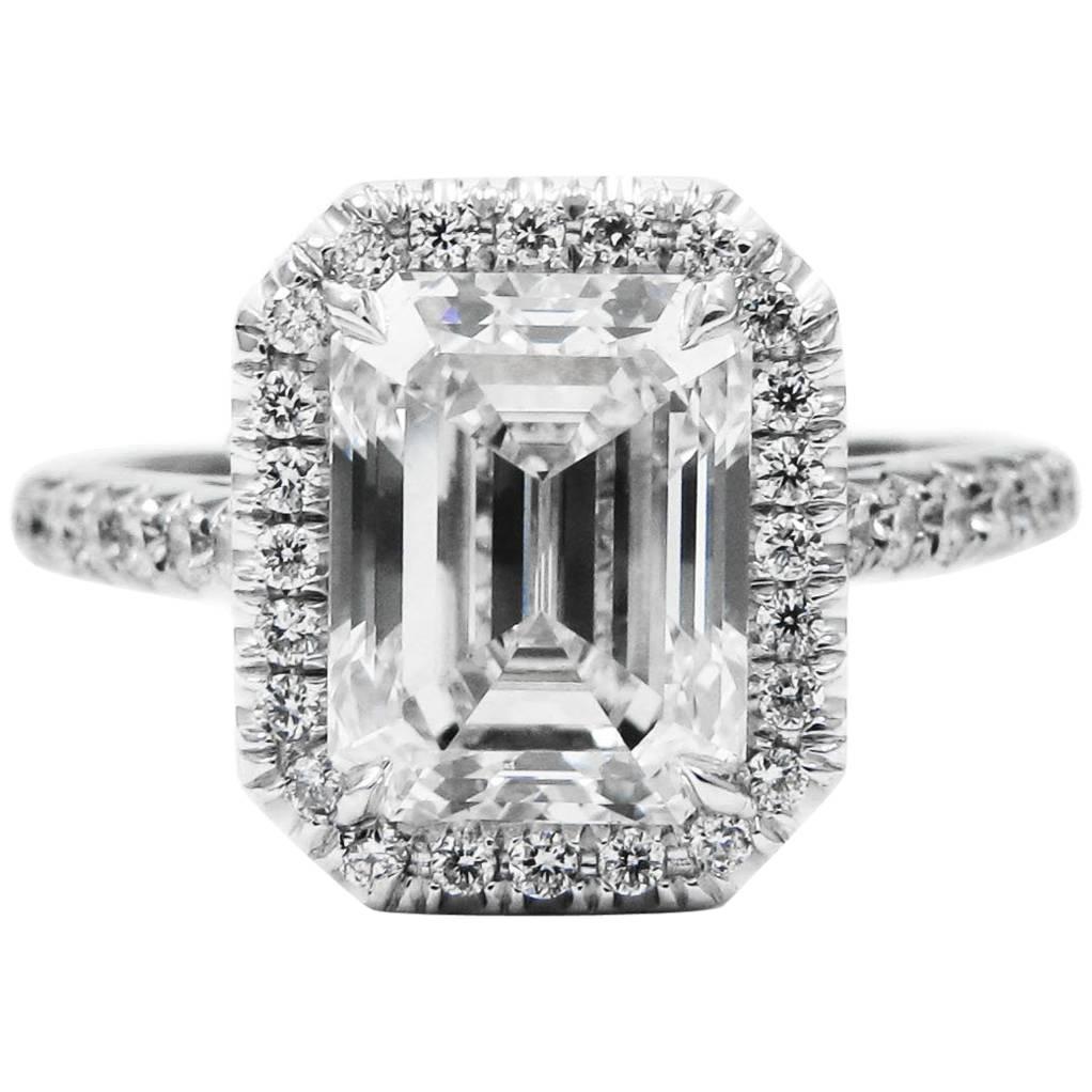 GIA Certified 3.01 Carat Emerald Cut G VS2 Diamond Platinum Pave Halo Ring