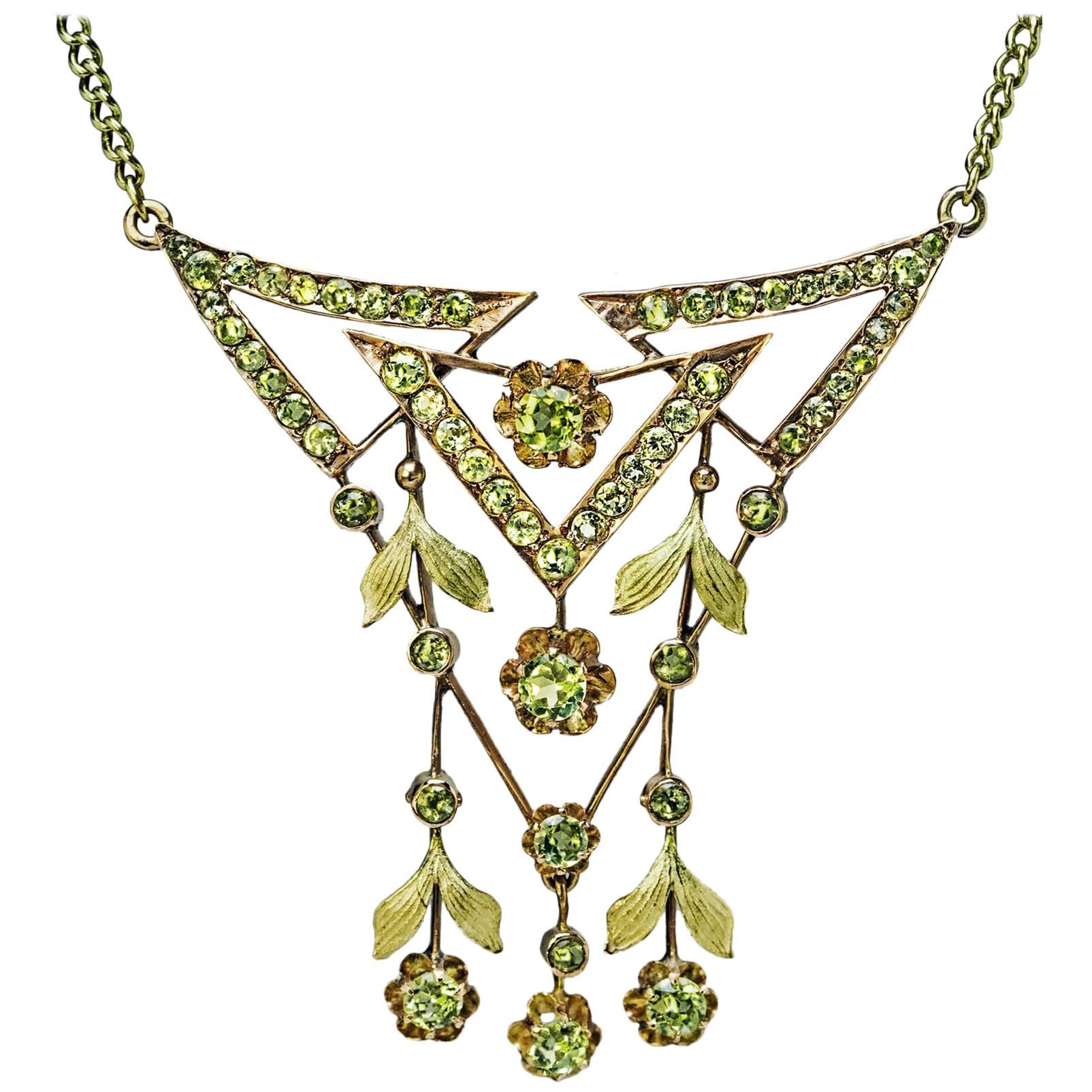 Antique Art Nouveau Russian Chrysolite Gold Necklace