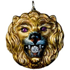  Antique Enamel Gold Diamond Ruby Lion Pendant Brooch