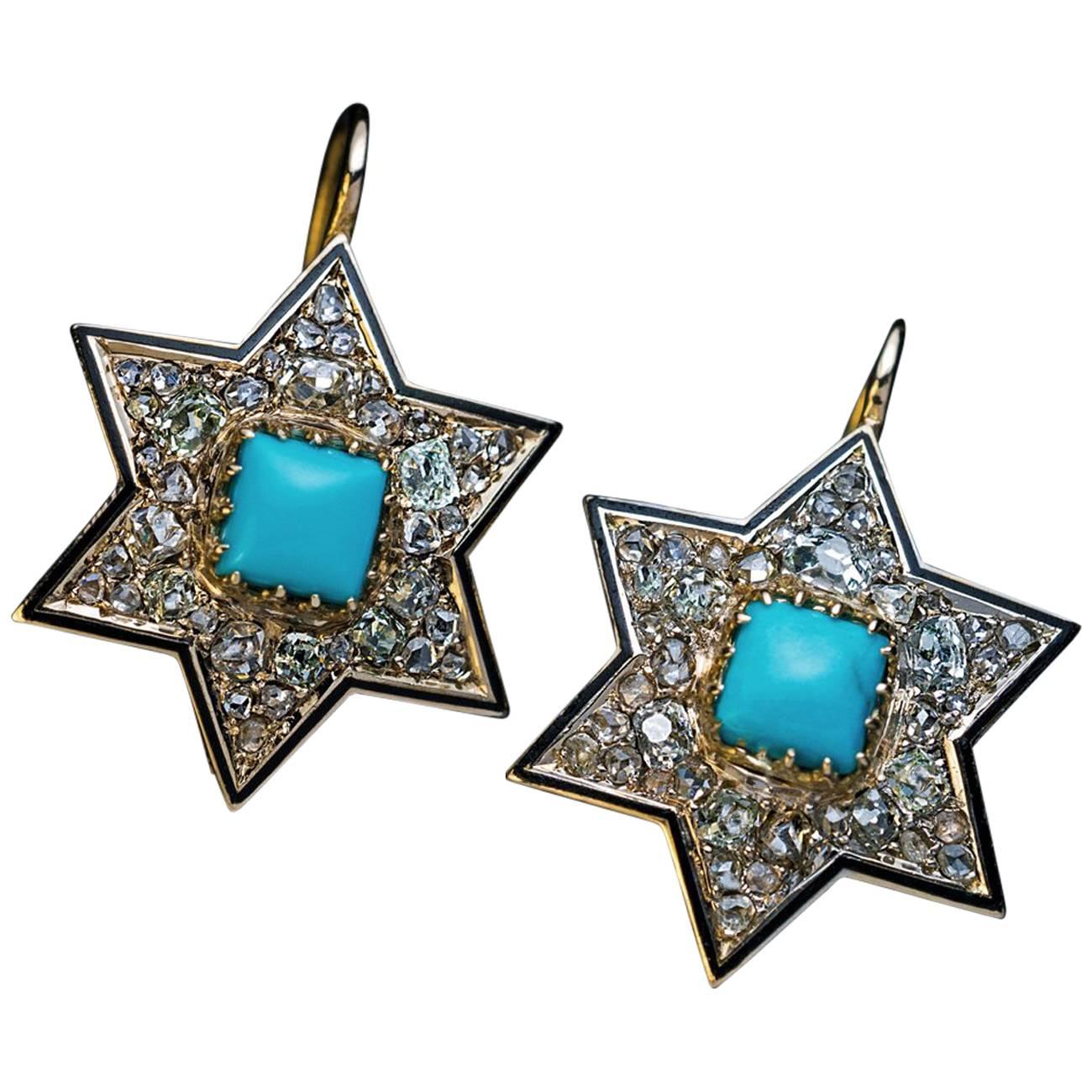 Antique Victorian Turquoise Diamond Gold Star Earrings