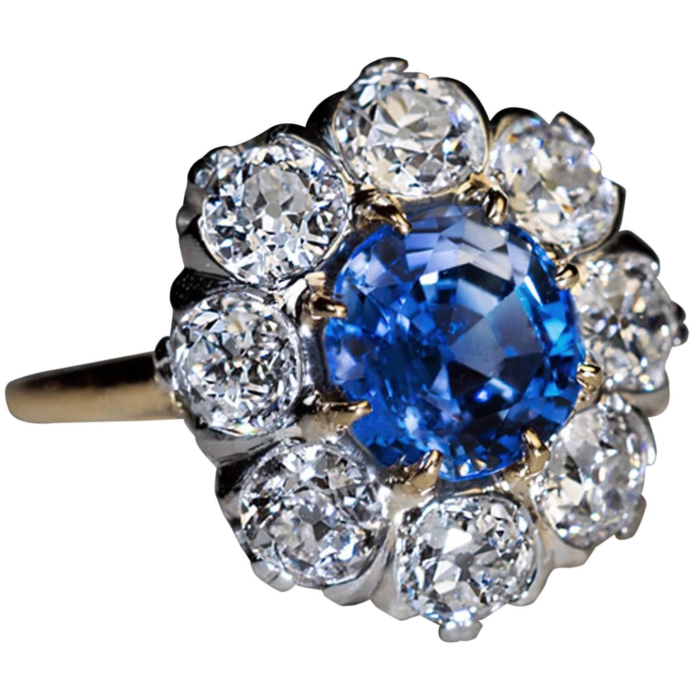Antique 2.24 Carat Sapphire Diamond Cluster Engagement Ring