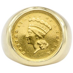 1856 $1 US Indian Head Princess 14 Karat Yellow Gold Ring