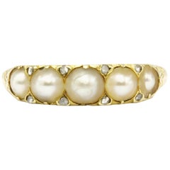 Victorian 18 Karat Yellow Gold Rose Cut Diamond and Natural Pearl Band Ring