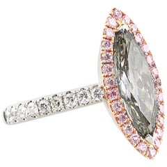 GIA, 2.05 Carat Fancy Gray Marquise Diamond Ring with Natural Pink Diamond Halo
