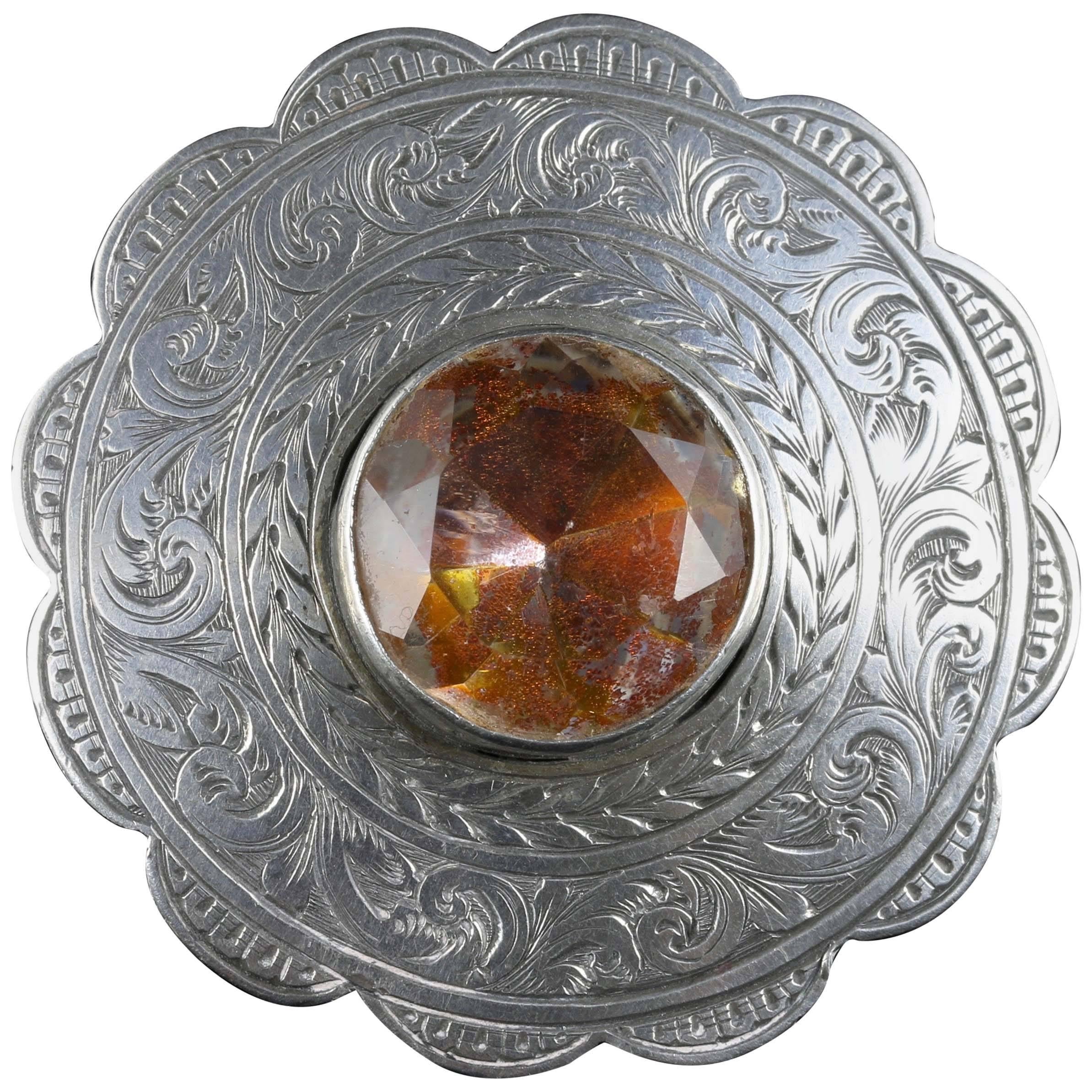Antique Scottish Silver Round Thistle Citrine Brooch, circa 1860