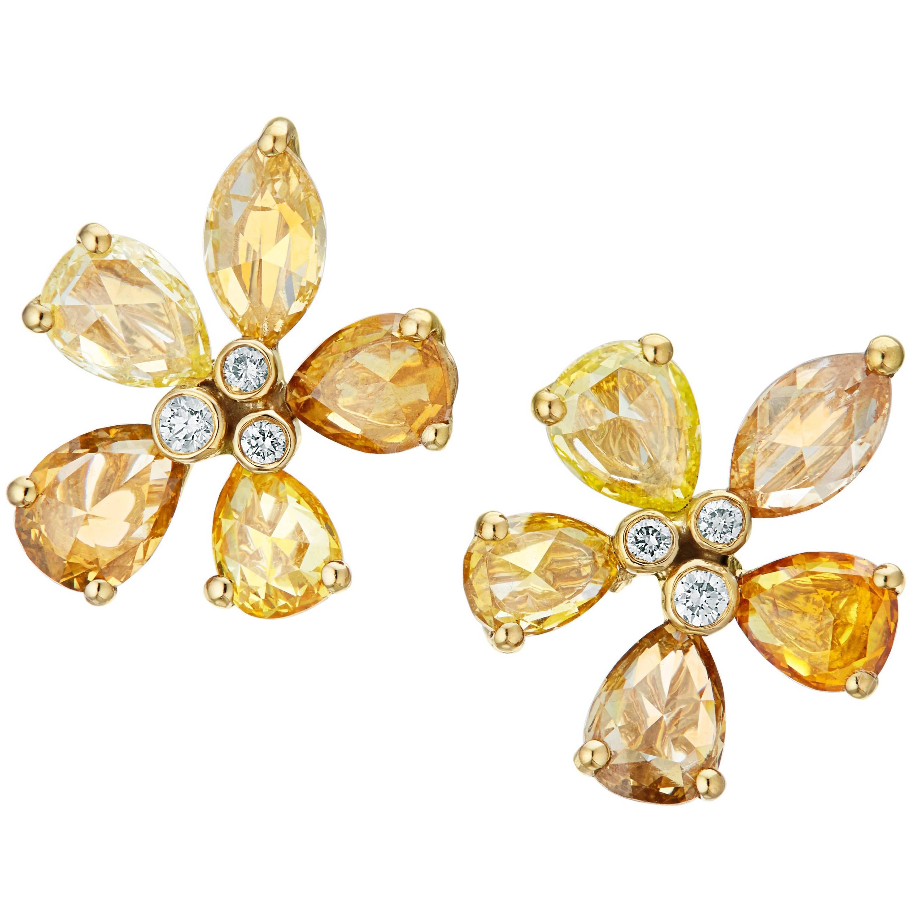 Manpriya B Gold Pear Marquise Rose Cut Coloured Diamond Flower Stud Earrings  For Sale