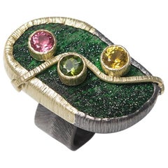  Uvarovite Tourmaline 18 Karat Green Gold Black Silver Cocktail Ring 