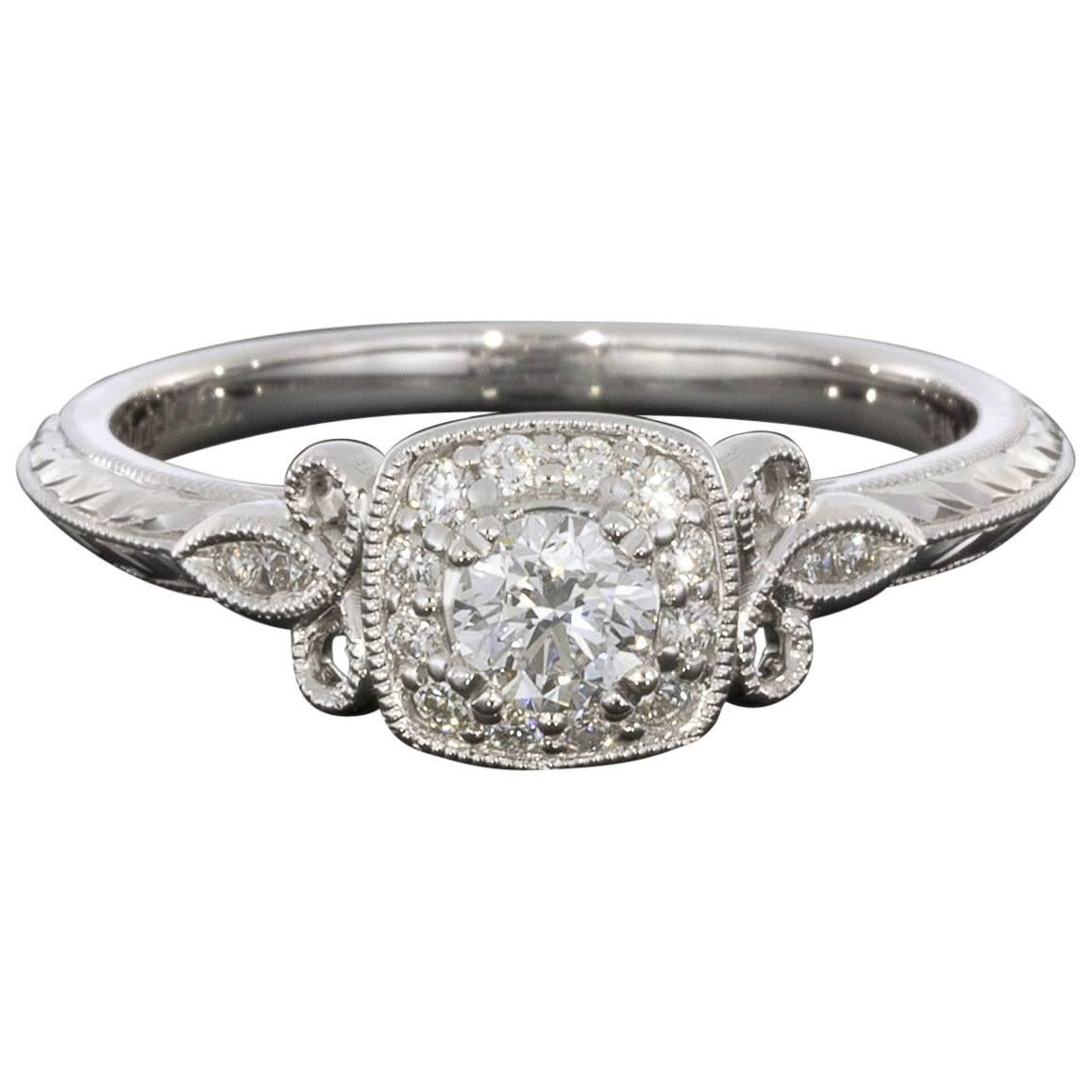 White Gold Vintage Inspired Round Diamond Cushion Halo Engagement Ring