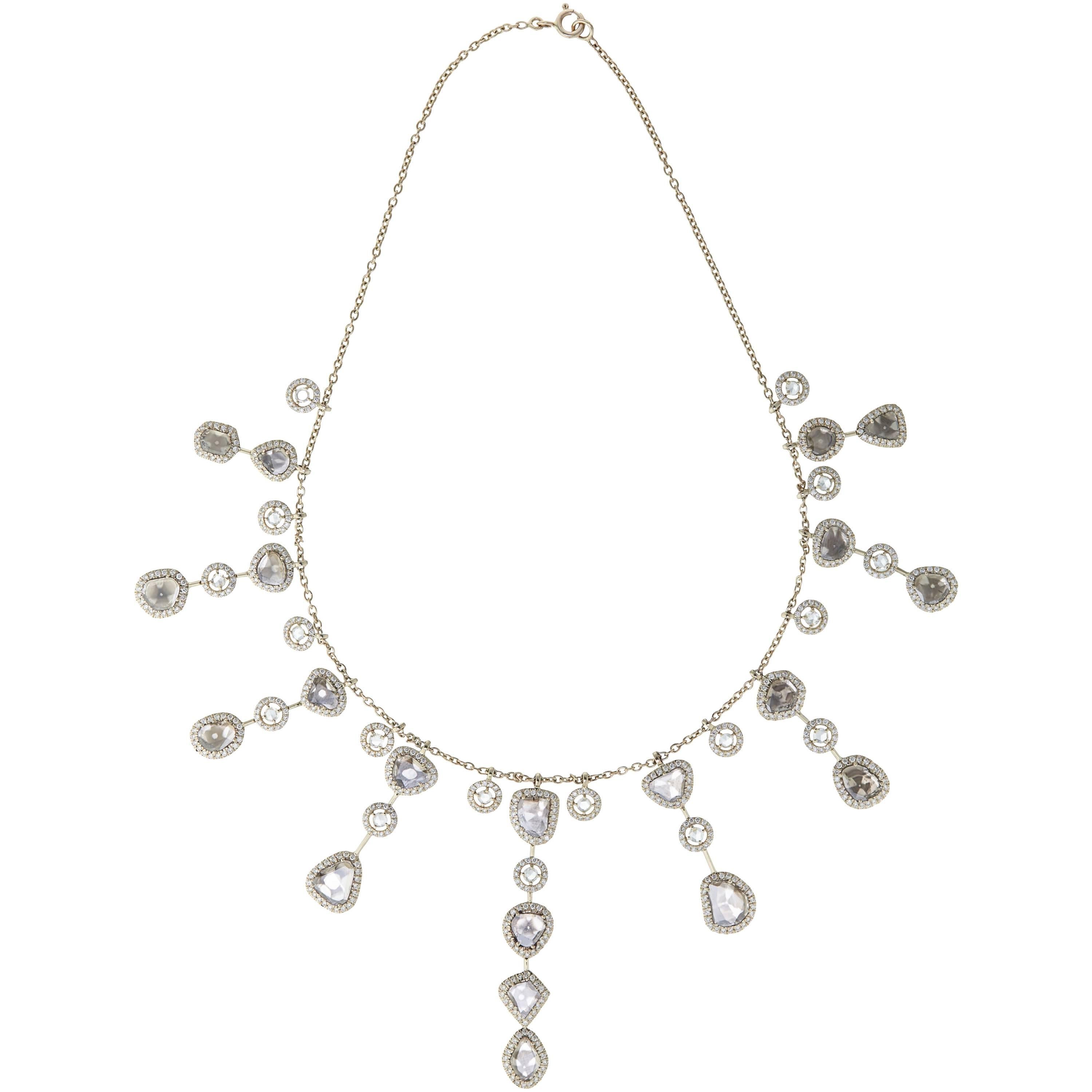 Manpriya B Slice, Rose Cut, White Diamond 18K Gold Fringe Chain Drop Necklace For Sale