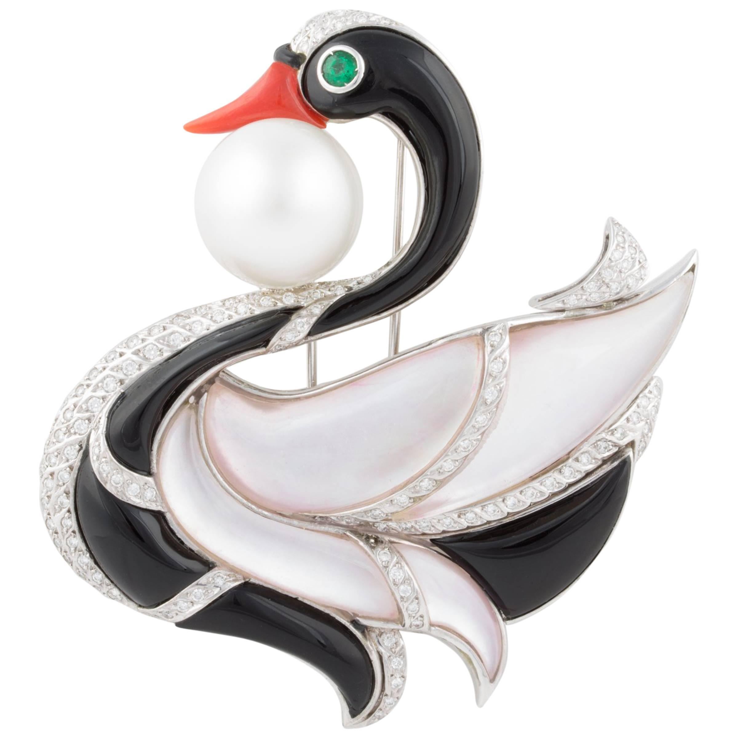 Ella Gafter Swan Diamond 18mm Pearl Pin Brooch   For Sale