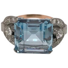 Pink Gold and Platinum Aquamarine and Diamond Vintage Retro Ring