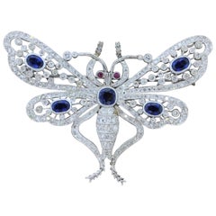 Art Deco Diamond Sapphire Ruby Platinum Butterfly Brooch