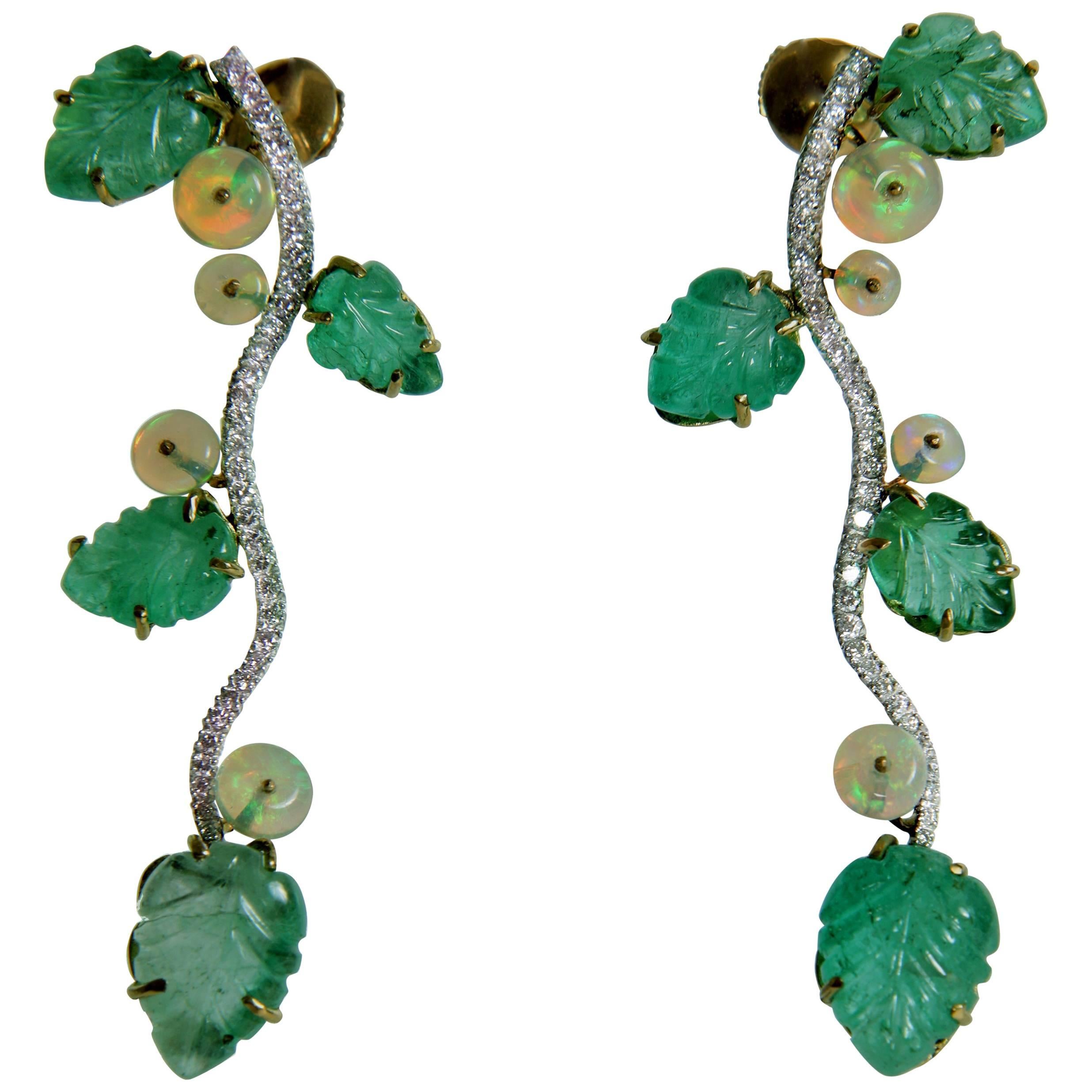 Engraved Emerald Leaves, Opals Beads and Diamonds Earrings by Marion Jeantet For Sale