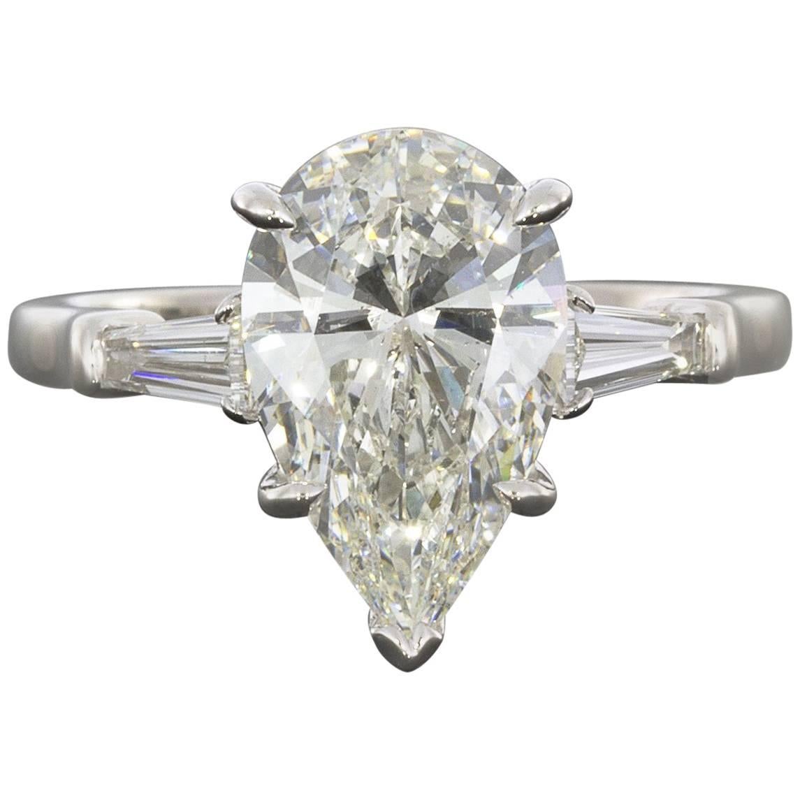 3.02 Carat Pear and Baguette Platinum Diamond Engagement Ring