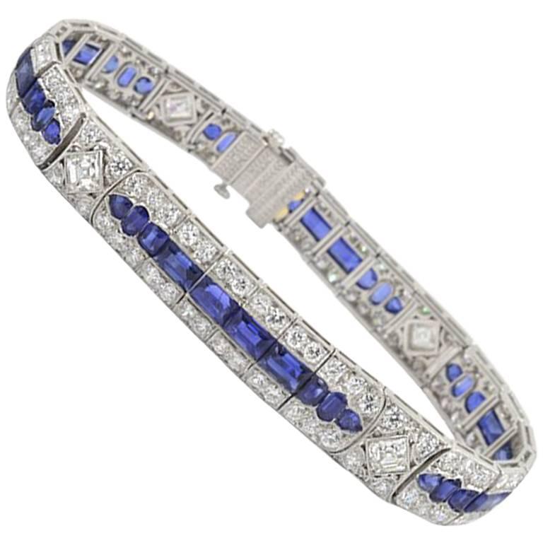 Tiffany & Co Art Deco Burma Sapphire and 11 Carat of Diamond Platinum Bracelet For Sale