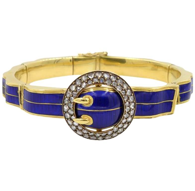 Victorian Blue Enamel and 18 Karat Gold Buckle Bangle with Rose Cut Diamonds For Sale