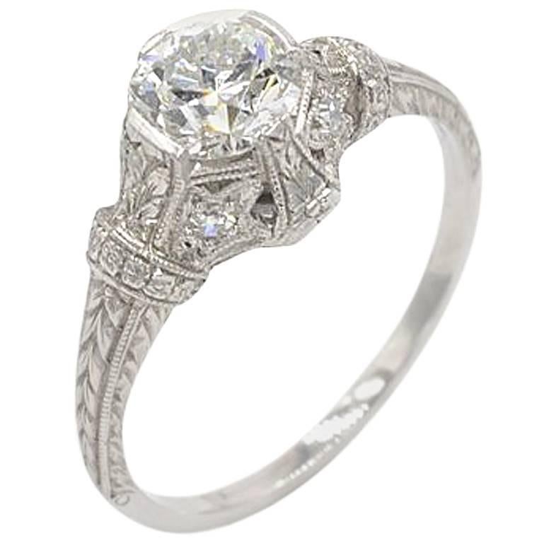 Antique 0.81 Carat Old European Cut Diamond and Platinum Engagement Ring For Sale
