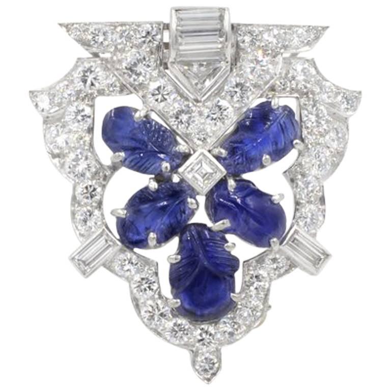 Raymond Yard Art Deco Carved Sapphire and Diamond Platinum Brooch For Sale