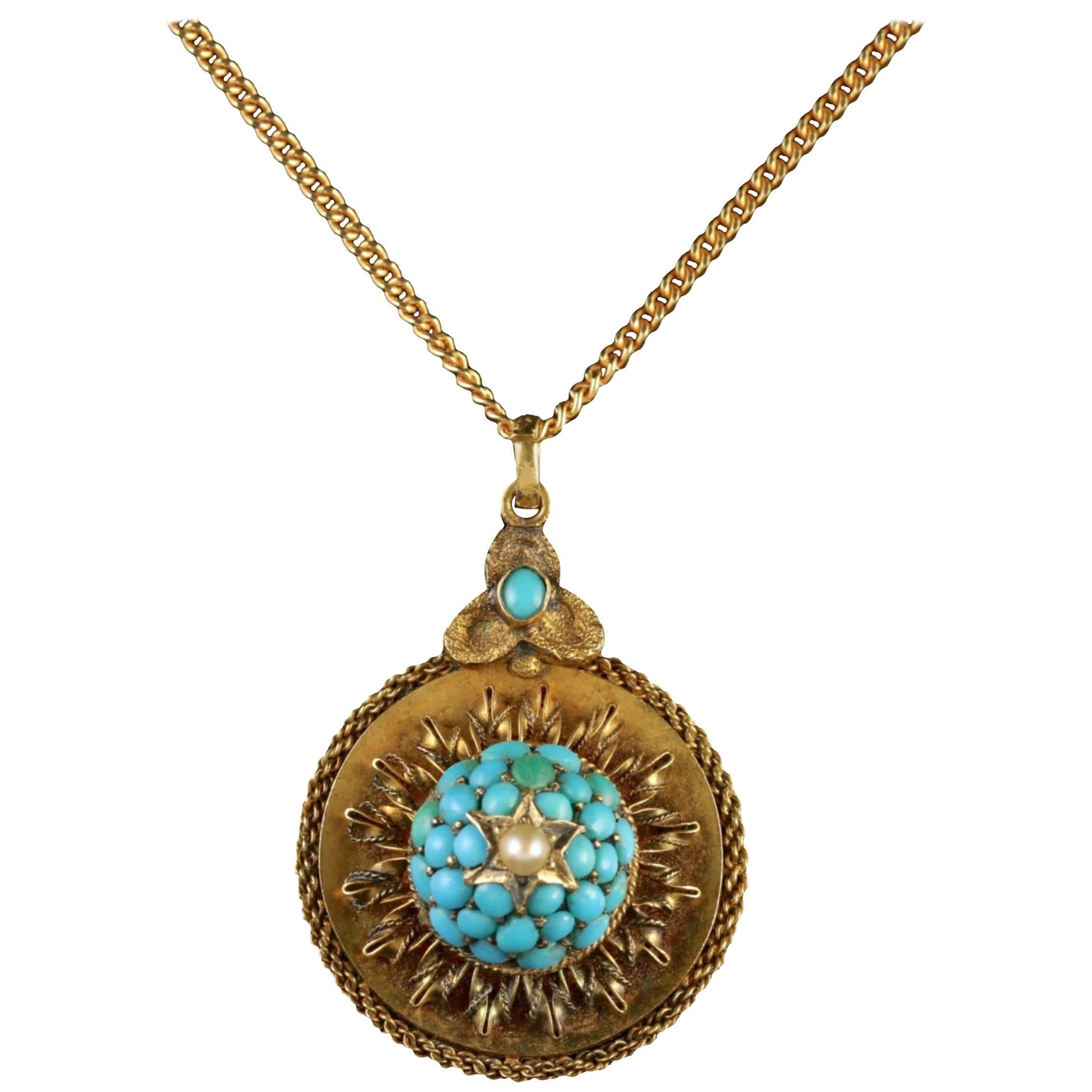 Antique Victorian Gold Turquoise Locket Pendant Necklace, circa 1880