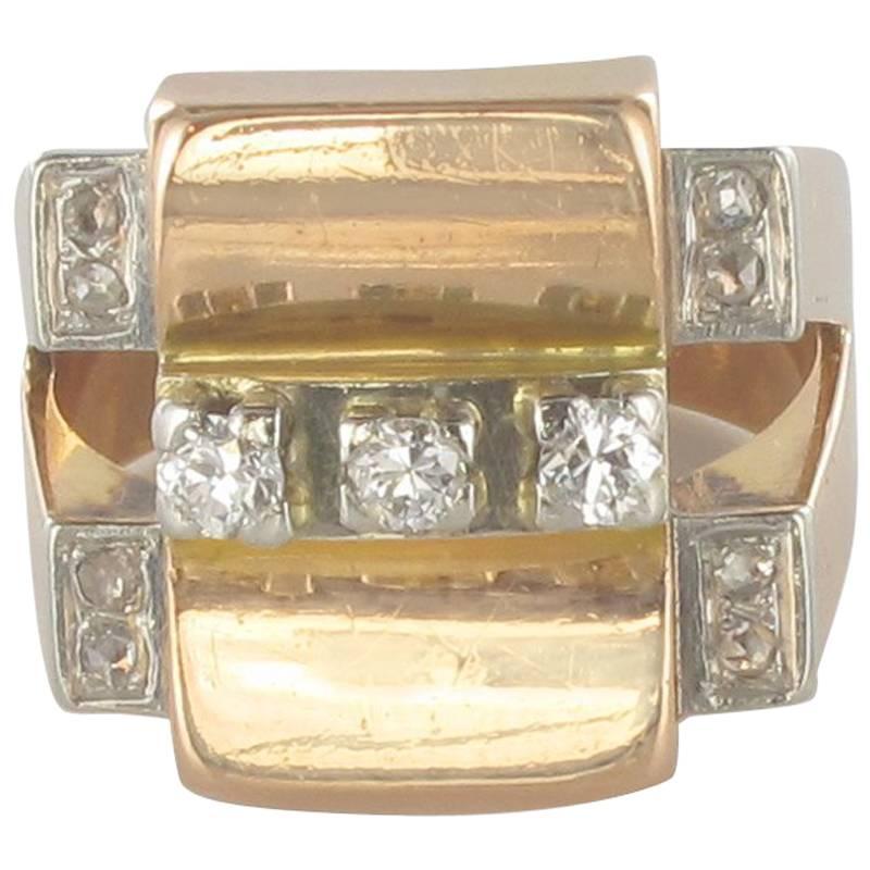 1950's Geometric Retro 18 Karat Gold Diamond Signet Ring