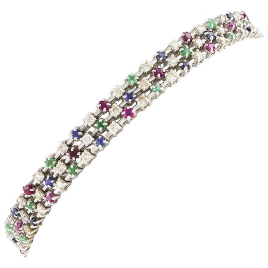  Diamond Sapphire Ruby Emerald White Gold Bracelet