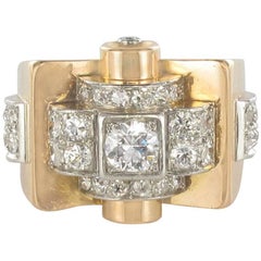 Retro 1950's Brillant Cut Diamond Platinium Yellow Gold Tank Ring