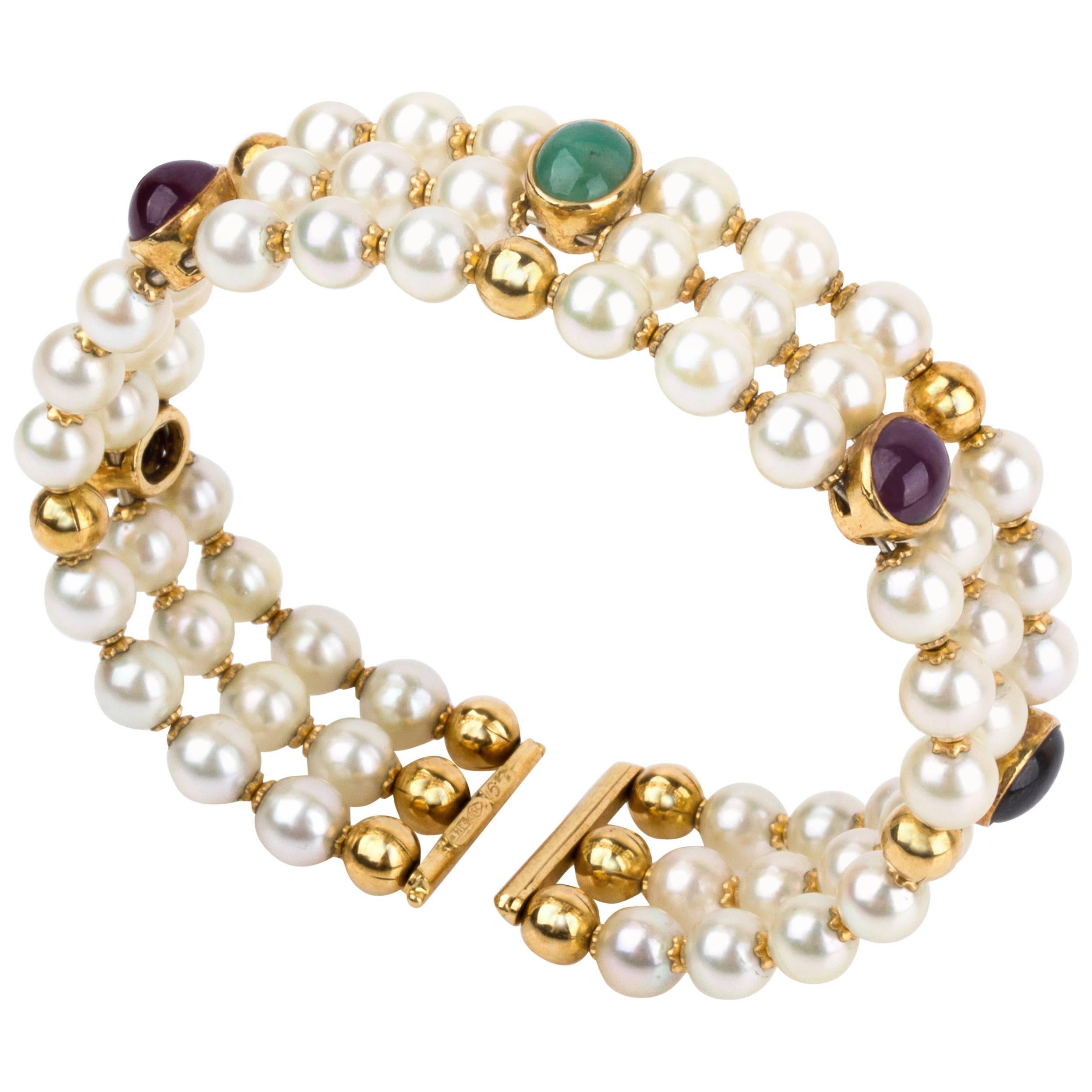 Pearl and Gemstone Bracelet, Signed Legi For Sale