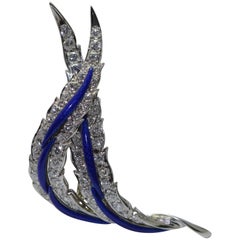 Double Diamond Feather Brooch with Enamel