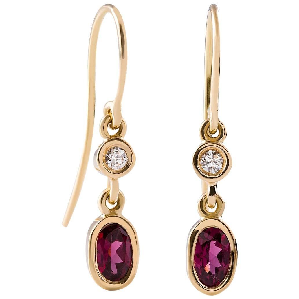 Kian Design 18 Carat Yellow Gold Oval Rhodolite Garnet and Diamond Earrings