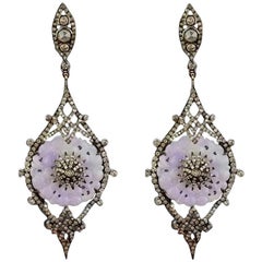 Carved Purple Jade and Diamond Dangling Earring 