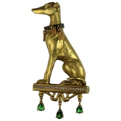 Retro 18 Karat Gold Greyhound with Emeralds, Diamonds and Enamel Dog Brooch
