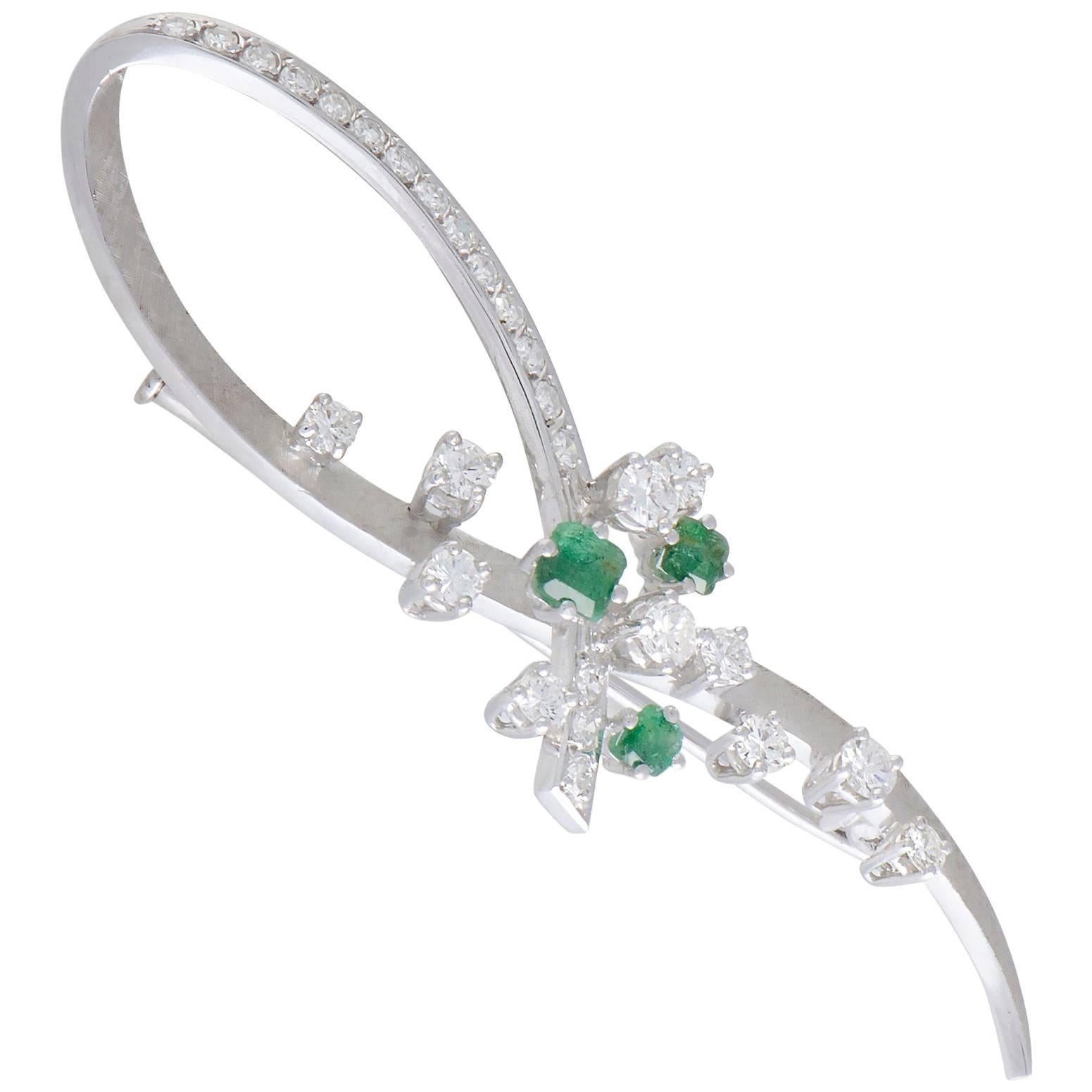 Diamond and Emerald White Gold Loop Brooch