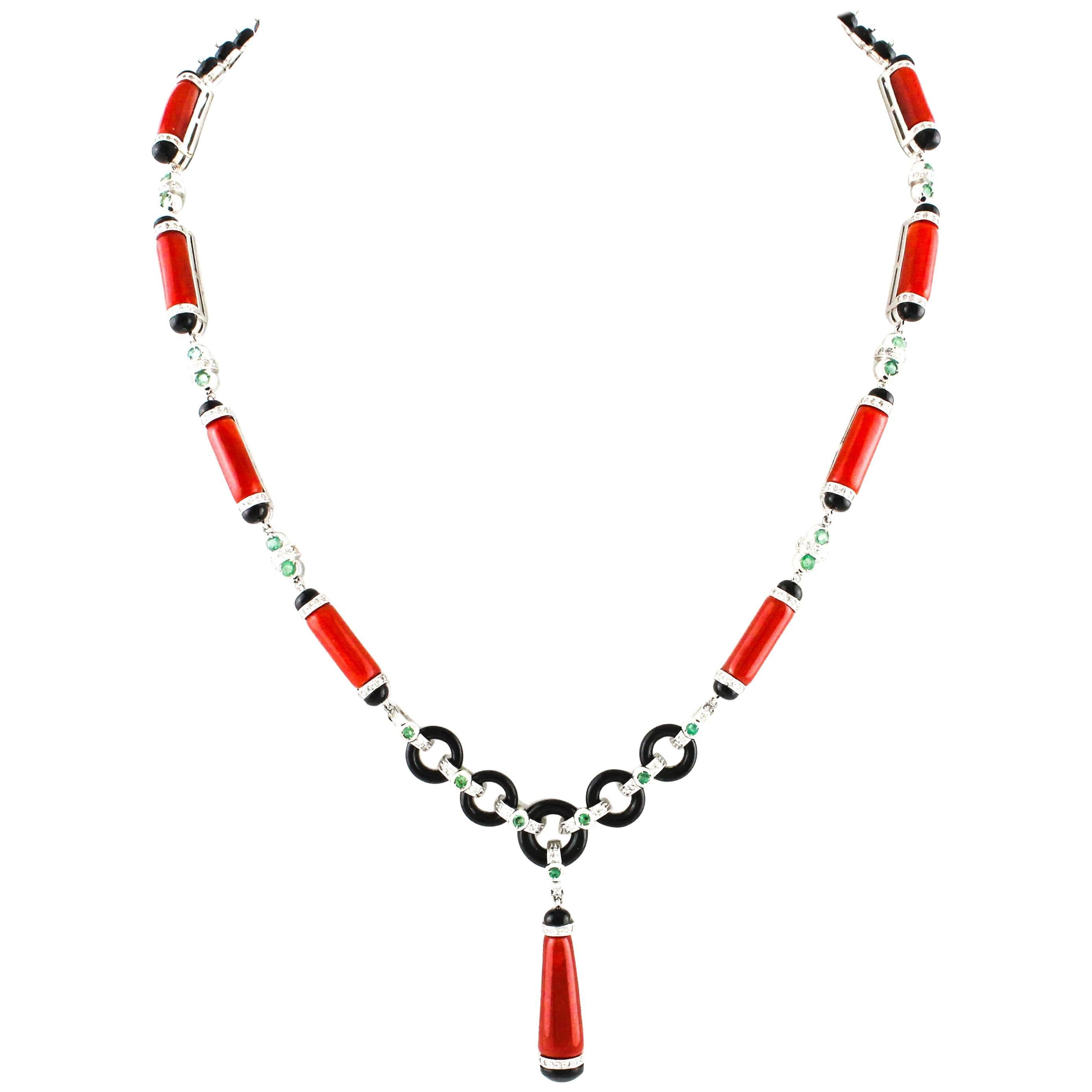 Coral Diamond Emerald White Onyx Gold Necklace