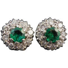 0.70 Carat Emerald and Diamond Cluster Earrings, Pre-Owned