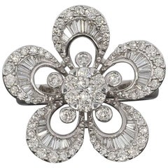 1.5 Carat Round and Baguette Diamond White Gold Flower Ring