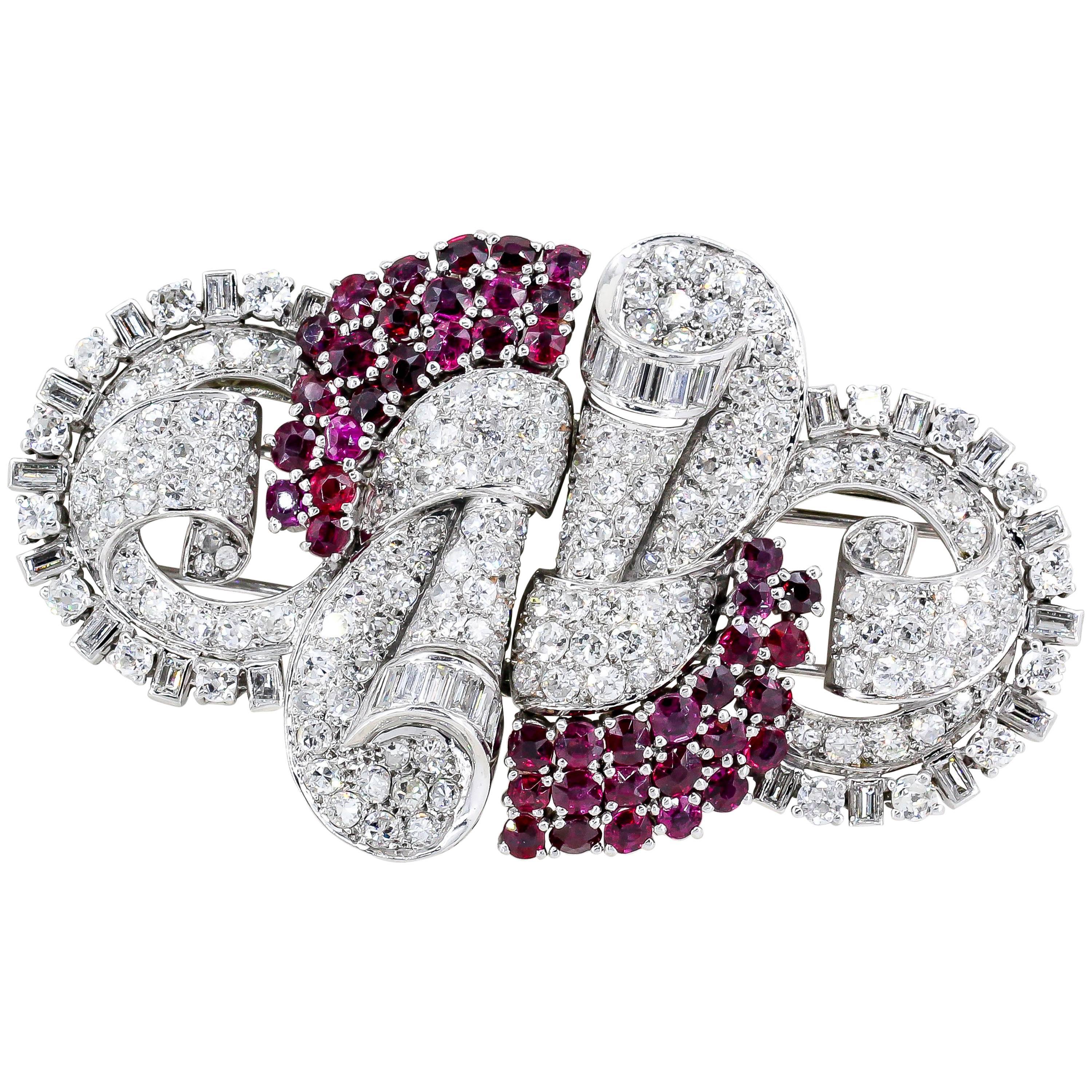 French Art Deco Ruby, Diamond, Platinum and Gold Double Clip Brooch