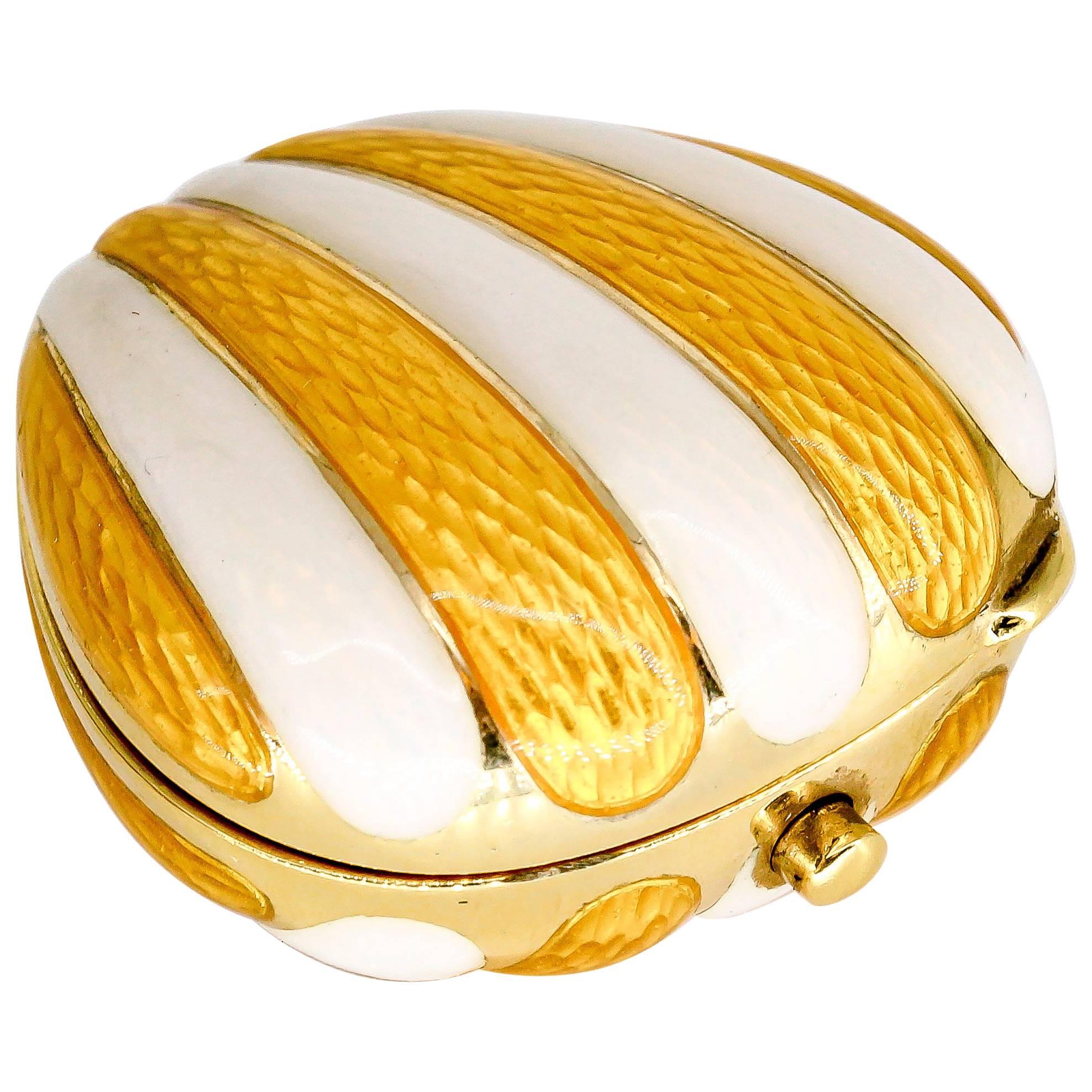 European White and Yellow Enamel and Gold Scallop Pill Box