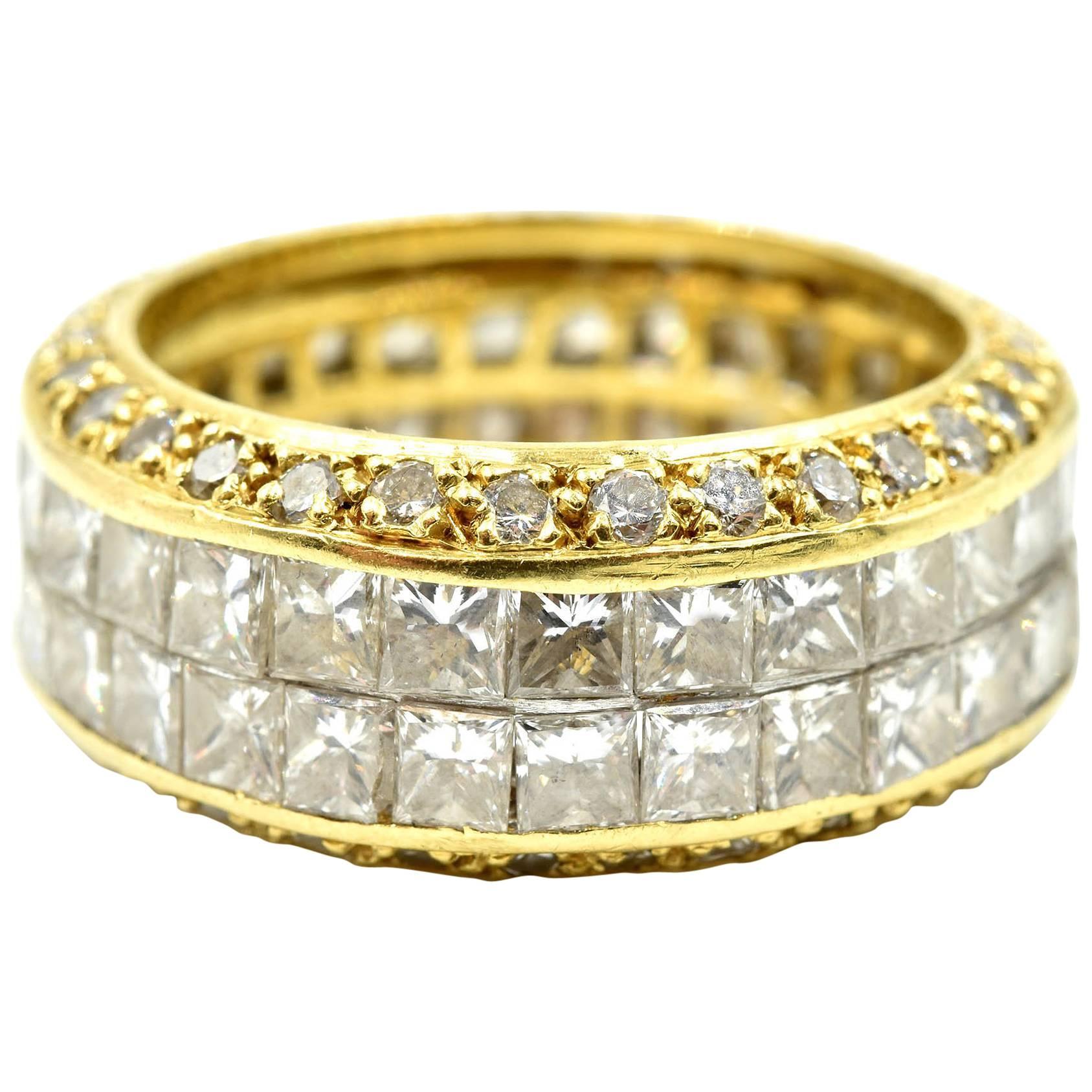 18 Karat Gold Princess Cut and Round 5.62 Carat Diamond Eternity Band Ring