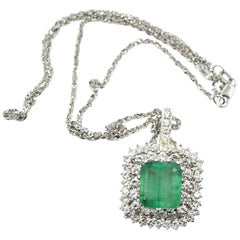 14 Karat White Gold 3.00 Carat Diamond and Emerald Pendant Necklace