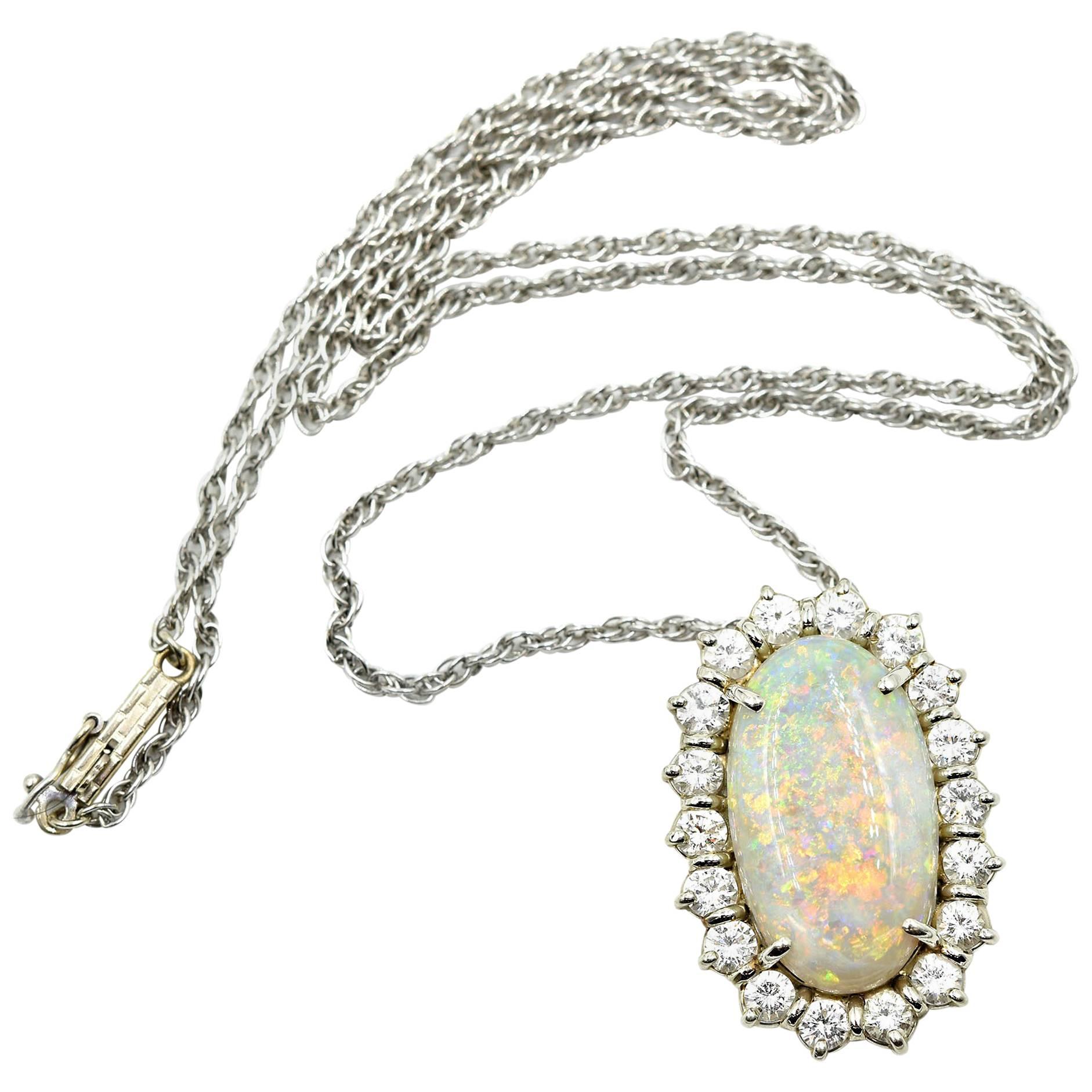 14 Karat White Gold, 1.80 Carat Diamond and Opal Pendant Necklace