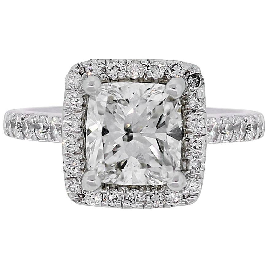 GIA Certified 1.51 Carat Cushion Cut Diamond Halo Engagement Ring