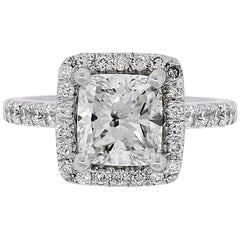 GIA Certified 1.51 Carat Cushion Cut Diamond Halo Engagement Ring