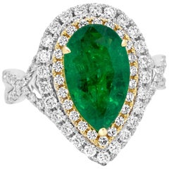 Emerald Diamond Double Halo Two-Color Gold Ring
