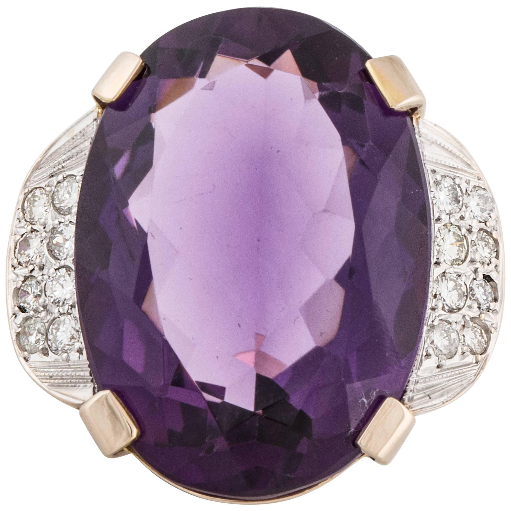 18K Gold Large Amethyst and Diamond Ring