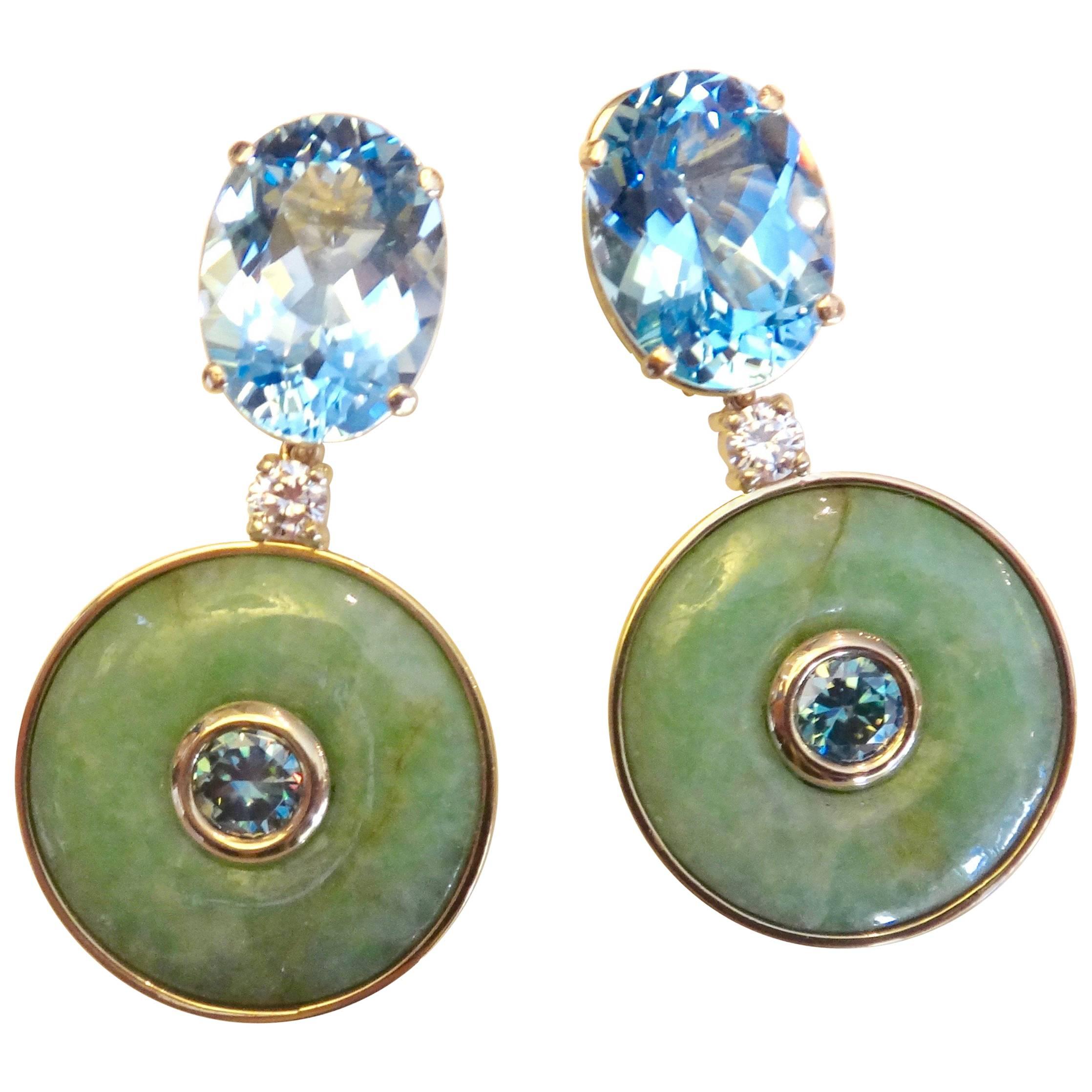 Michael Kneebone Jadeite Blue Topaz Burmese Zircon Diamond Dangle Earrings