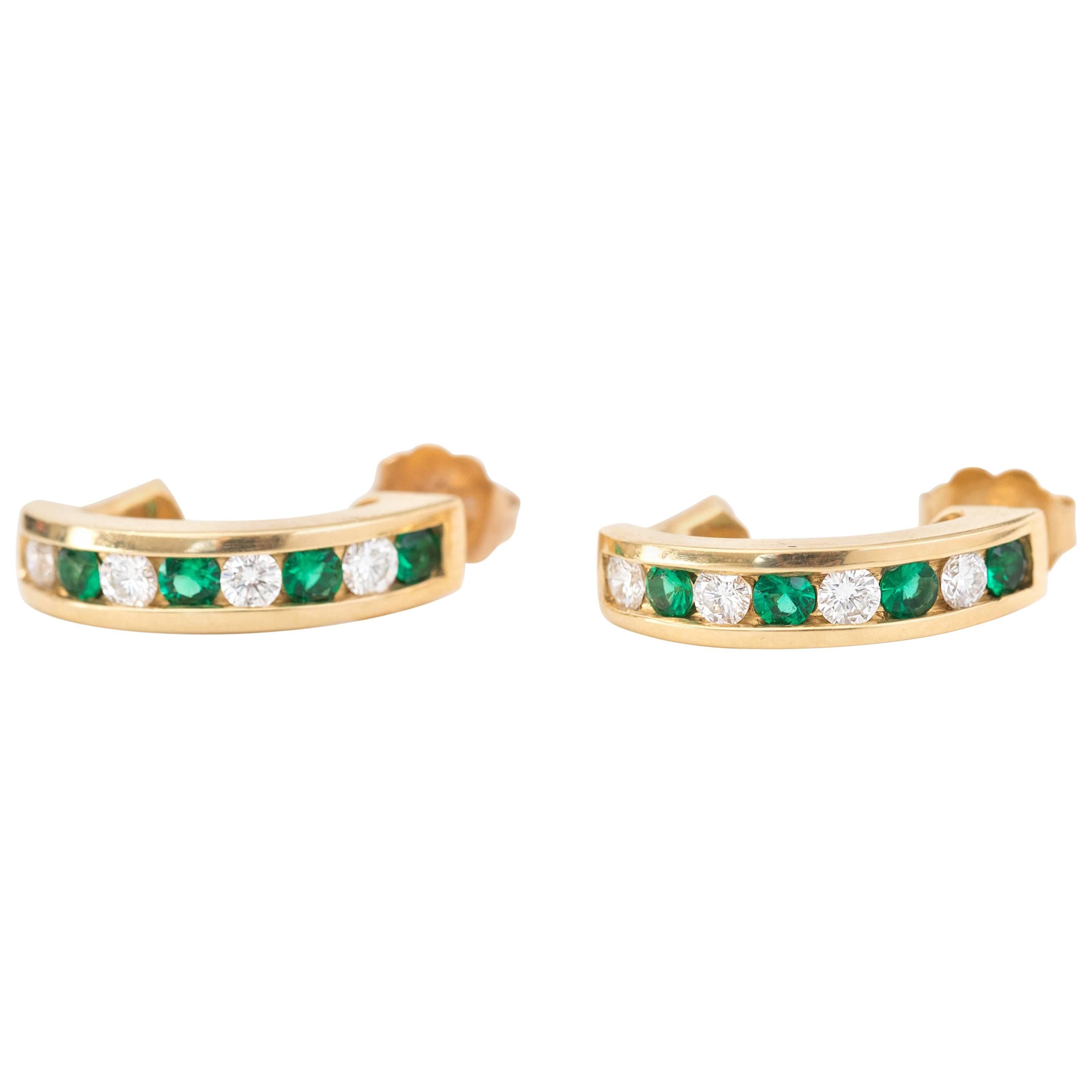 Tiffany and Co .70 Carat Diamond and 0.70 Carat Emerald 18 Karat Gold Earrings