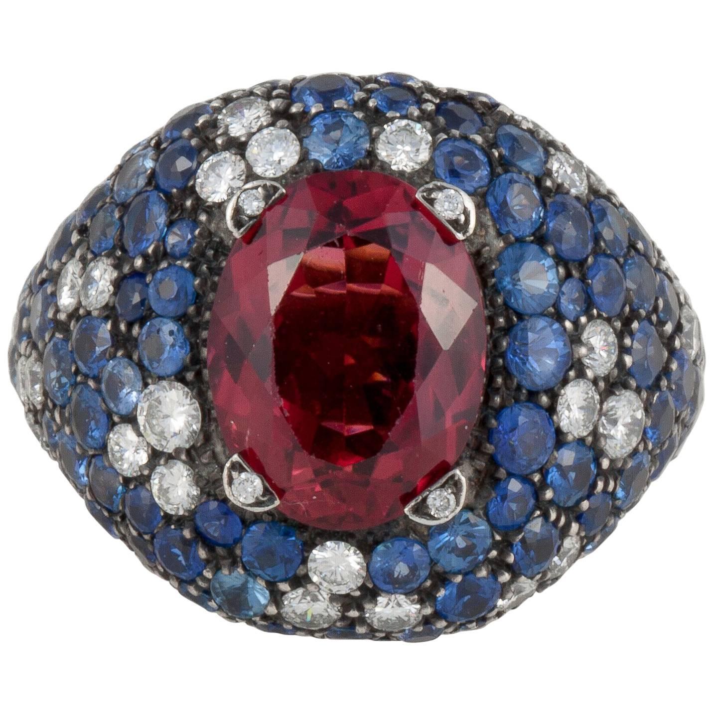 Rubellite Sapphire and Diamond Ring in 18K Gold and Steel